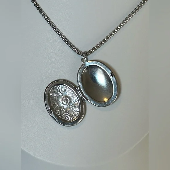 Floral Locket Necklace, Sterling Silver over Stainless Steel - Picture 3 of 9